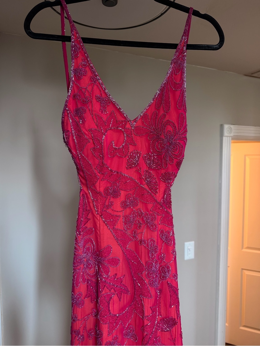 Cache Fuchsia Beaded Maxi Dress with Spaghetti Straps - Picture 3 of 10